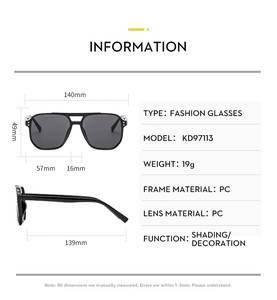 Detailed size chart for double-bridge aviator sunglasses with frame dimensions