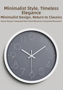 Detail view of silent wall clock featuring a minimal 12-inch dial and quartz movement