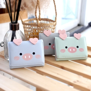 Cute cartoon pig tri-fold short wallets for women in blue, gray, and mint green PU leather