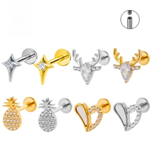 F136 Titanium labret studs with star, deer, pineapple and heart shapes in gold and silver