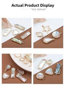 Detailed view of natural shell charms in various shapes with golden metallic edges