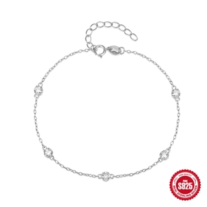Classic S925 sterling silver chain bracelet with five bezel-set sparkling round stones