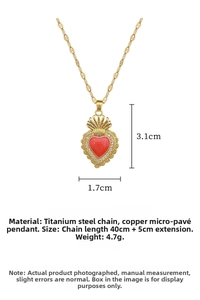 Detailed view of heart pendant with red stone, gold crown, and titanium steel chain dimensions