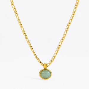 Natural Aventurine Stone Pendant Necklace Stainless Steel Figaro Chain Retro Minimalist Jewelry For Women