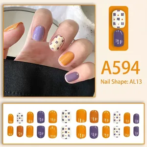 Floral press-on nails set in purple and orange color-block style, model A594 AL13, 24 pieces