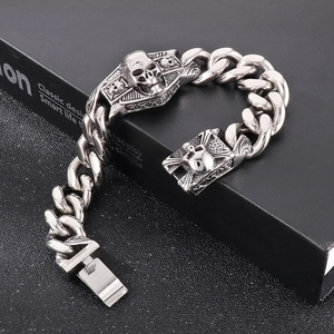 Bracelet gourmette punk rétro tête de mort en acier inoxydable argenté pour hommes
