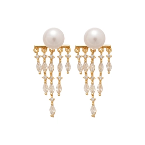 14K gold plated tassel earrings with sparkling cubic zirconia and elegant pearls