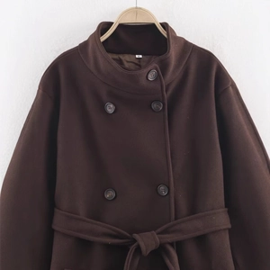 Women's dark brown double-breasted wool coat with stand collar and matching waist belt