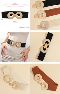 Close-up of three elastic belts in black brown beige with 6cm gold round buckle set