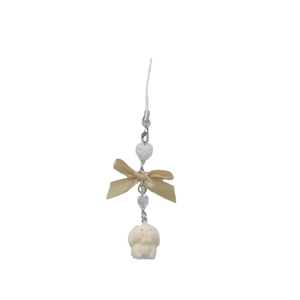 Sweet cream rabbit plush phone charm with beige bow and pearl heart beads on a chain