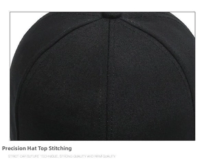 Close-up of high-quality stitching on the crown of a black cotton canvas baseball cap