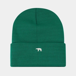 Detailed view of white polar bear embroidery on a forest green ribbed knit beanie hat