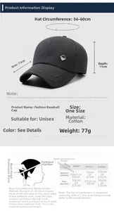 Detailed size chart for cotton baseball cap showing brim depth and adjustable circumference