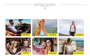 Square sunglasses shown in driving, fishing, hiking, party, and outdoor travel scenarios