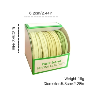 Five candy colored high elasticity hair bands in a box with dimensions and weight specs