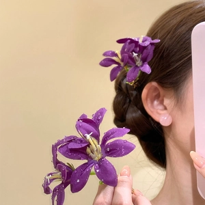 Épingle à cheveux fleur de soie violette avec gouttes de rosée pour coiffure chinoise chic