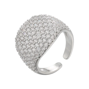 Adjustable silver ring with wide band featuring multi-row pave-set white cubic zirconia