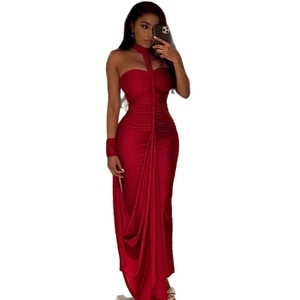 Elegant red backless halter neck ruched evening dress with a floor-length silhouette