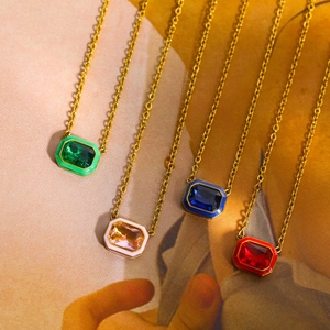 Colorful macaron zircon pendants on gold necklaces with rectangle step-cut crystals