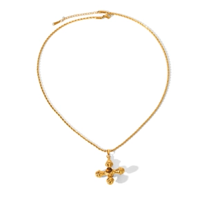 18k gold plated stainless steel cross necklace with brown tiger eye stone on twist chain