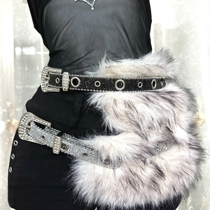 Ceinture Strass Punk Y2K Avec Décoration Fausse Fourrure Paillettes Cuir PU Oeillets Métalliques Chaîne Taille Femmes