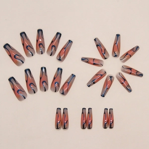 Long coffin press-on nails featuring matte grey base with blue and red flame designs