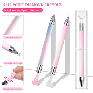 Rotating nail point drill wax pen tool for picking rhinestones with pink gradient design