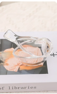 Macro shot of bird-shaped glass jewelry storage tray showing clear material texture