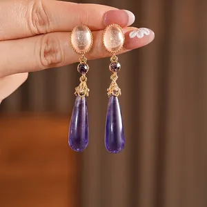 Boucles d'oreilles vintage avec gouttes en résine violette et pierres roses ovales