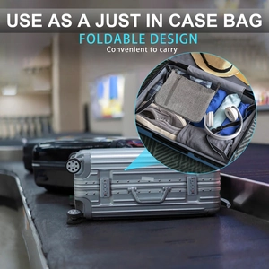 Detailed view of the foldable grey travel bag showing its space-saving design in a suitcase