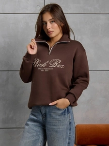 Sweat-shirt marron à demi-zip pour femme avec imprimé lettres vintage et manches longues amples