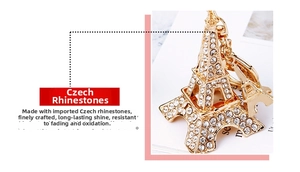 Detailed close-up of golden Eiffel Tower keychain with sparkling Czech rhinestones