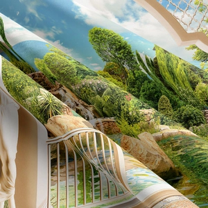 Close-up of landscape tapestry showing intricate garden print and dense fabric texture