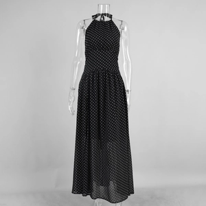 Detail of black polka dot halter dress featuring a backless design and premium fabric