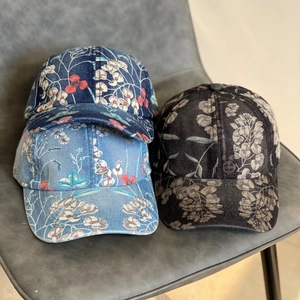 Women Vintage Floral Denim Baseball Cap Distressed Printed Floral Pattern Sun Protection Adjustable Pastoral Style Hat