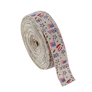 Linen ribbon with USA flag stars and stripes print for American Independence Day decor