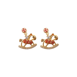 Gold plated rocking horse earrings with red coin elements and sparkling cubic zirconia stones