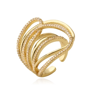 Irregular geometric multi-layer gold plated ring with sparkling zircons and open design