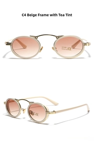Detail of retro oval sunglasses with cream frames, tea lenses, and gold metal bridges