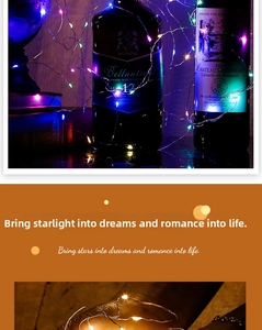 Close-up of flexible copper wire LED string lights with warm white glowing beads