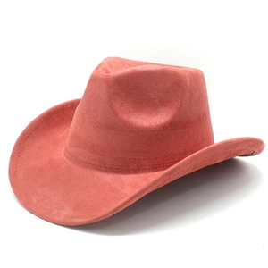 Macro shot of brick red faux suede cowboy hat showing fine stitching and matte texture