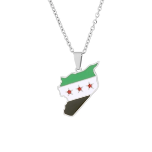 Detailed close-up of a stainless steel Syria map pendant with national flag enamel colors