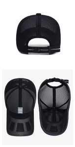 Details der atmungsaktiven schwarzen Mesh-Baseballkappe mit verstellbarem Riemen und Streifen