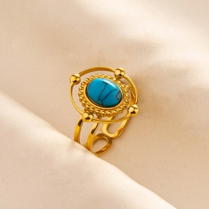Detailed close-up of retro gold-plated ring featuring an oval blue turquoise gemstone