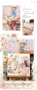 Detail of vintage scrapbooking paper set with floral motifs and retro portraits 100 sheets