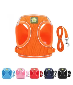 Detail showing the six color options for the reflective mesh dog harness and leash set