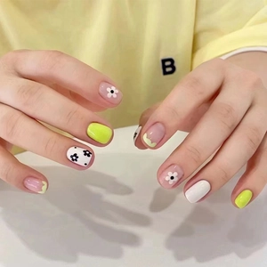Press On Nails Short Round False Nail Tips Floral Daisy Pattern Neon Green White Pink Sweet Style DIY Manicure For Women