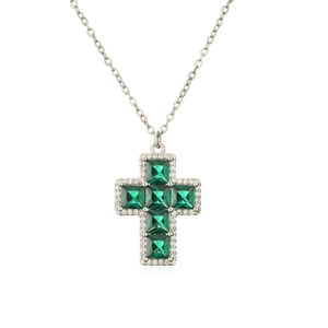 Silver cross necklace featuring square green emerald stones and white zircon accents
