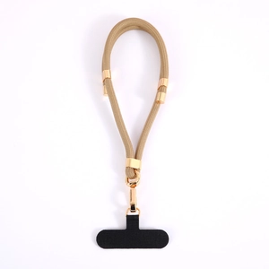 Adjustable khaki braided nylon phone lanyard with gold metal buckle and black patch