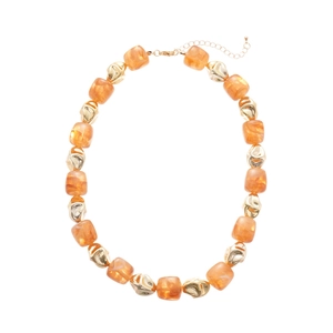 Fashionable acrylic necklace featuring orange cube beads and irregular gold metal beads